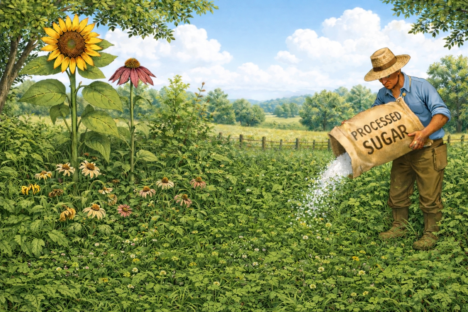 A gardener pours sugar from a sack labeled 'Processed Sugar' onto a patch of dense green weeds, with flowers growing nearby.