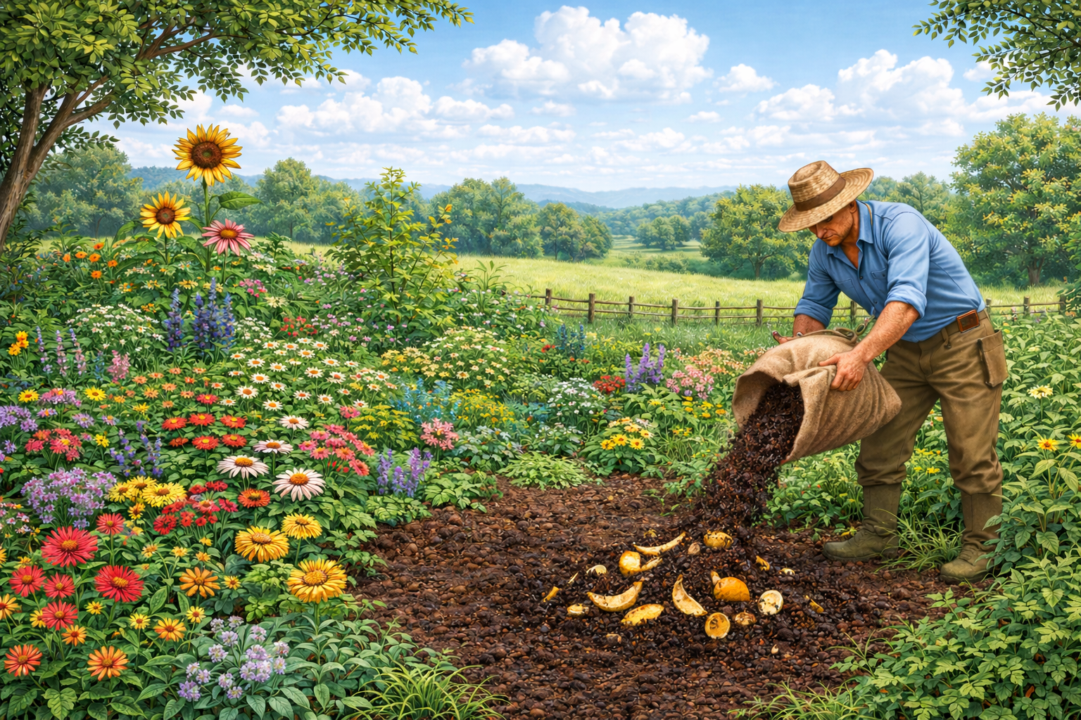 A gardener pours compost with visible fruit peels onto dark soil in a flower bed surrounded by colorful blooming plants.